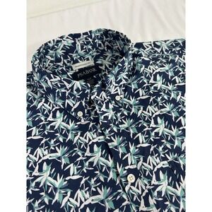 Jos A Bank Men's Button Down Shirt‎ Hawaiian Leaves Short Sleeve Blue White XL T